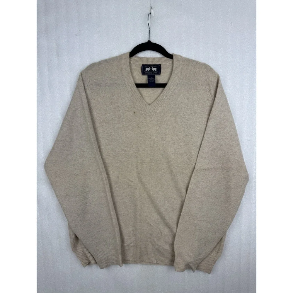 Woods & Gray 100% Cashmere V-Neck Knit Pullover Sweater – Men's Size Large Beige